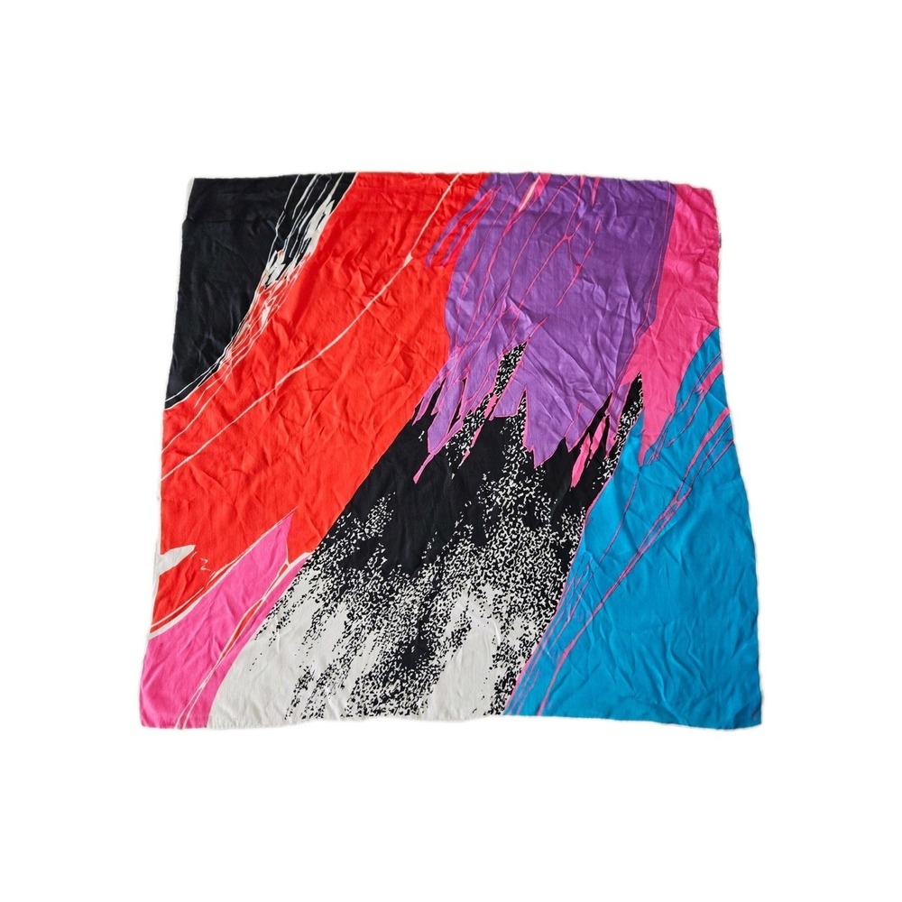 Vtg Honey Silk Colorful Abstract Retro 80s Paint Splash Colorblock Square Scarf